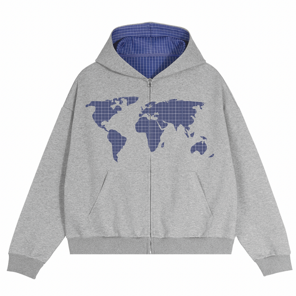 Contrast Plaid Boxy Zip Up Hoodie
