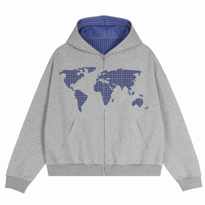 Contrast Plaid Boxy Zip Up Hoodie