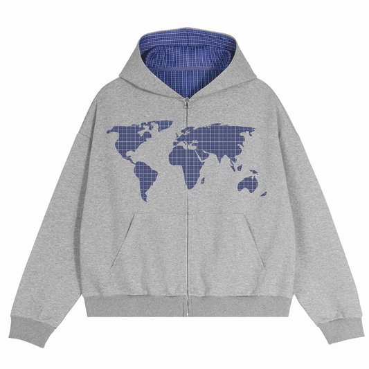 Contrast Plaid Boxy Zip Up Hoodie